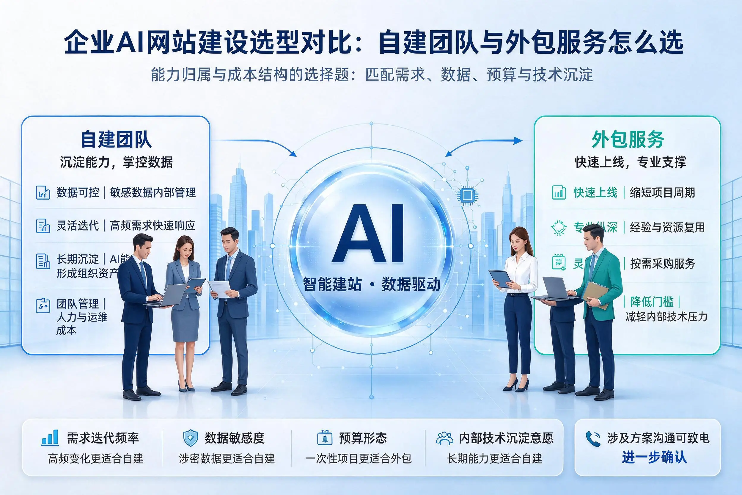 衢州企业AI网站建设选型对比：自建团队与外包服务怎么选